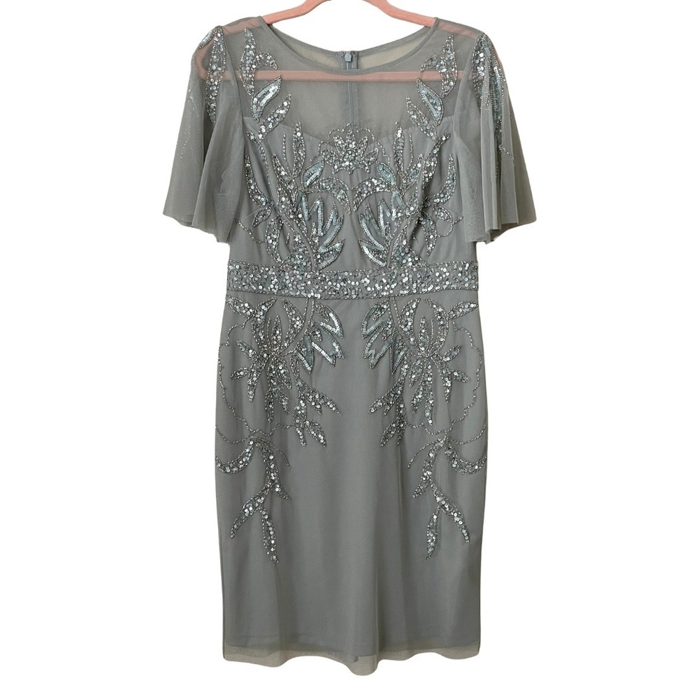 Adrianna Papell Studio Dress Womens 6 Gray Sequin Beaded Mesh Flutter Sleeve
